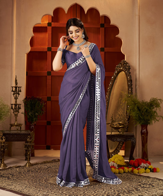 Full view of Chiffon Silk Dusty Purple Saree with Mirror Embellished Border