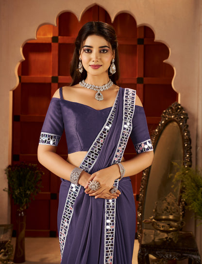 Half view of Chiffon Silk Dusty Purple Saree with Mirror Embellished Border