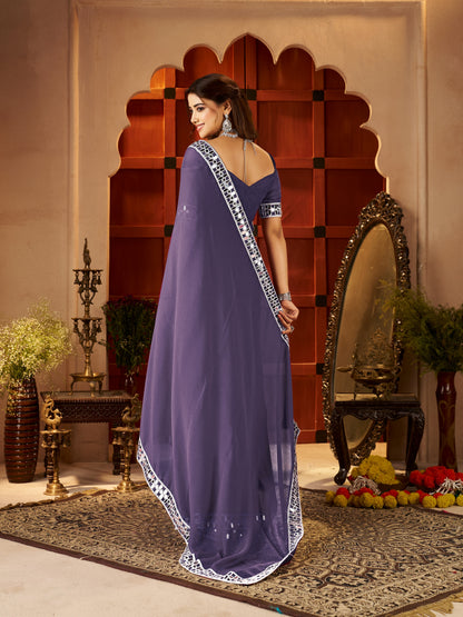 Pallu detail of Chiffon Silk Dusty Purple Saree with Silver Mirror Embellished Border