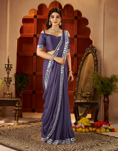 Pleats view of Chiffon Silk Dusty Purple Saree with Mirror Embellished Border