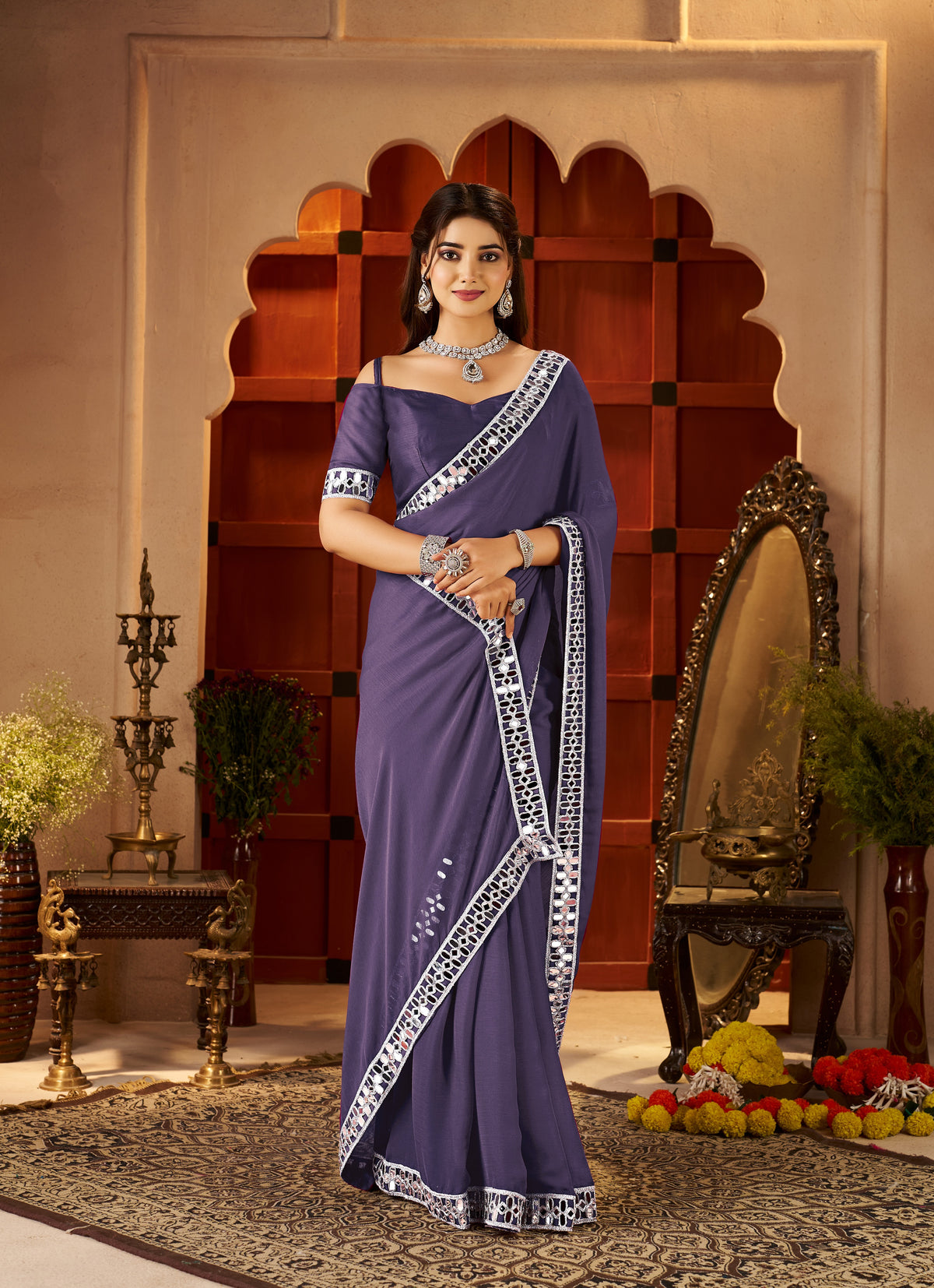 chiffon silk dusty purple saree for wedding occasions