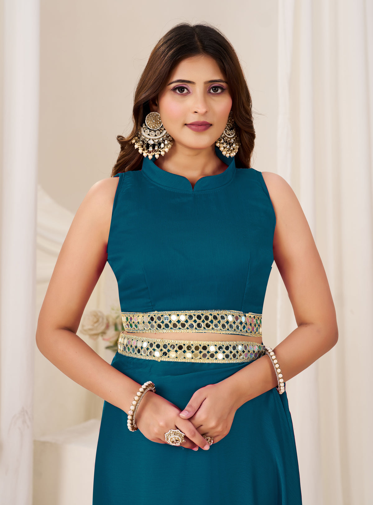 Matching blouse front with Chiffon Silk Peacock Blue Saree