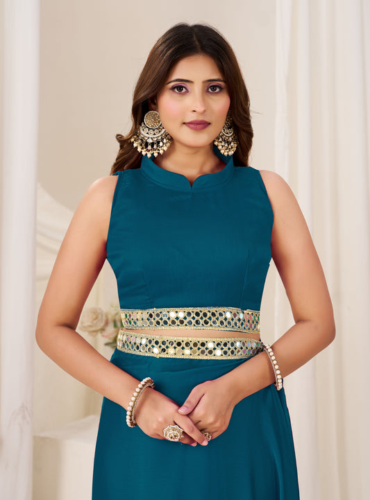 Matching blouse front with Chiffon Silk Peacock Blue Saree