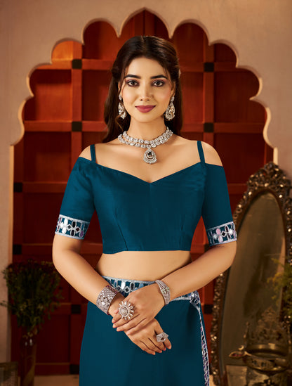 Matching blouse front with Chiffon Silk Peacock Blue Saree