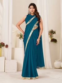 Chiffon Silk Peacock Blue Saree with Gold Mirror Border