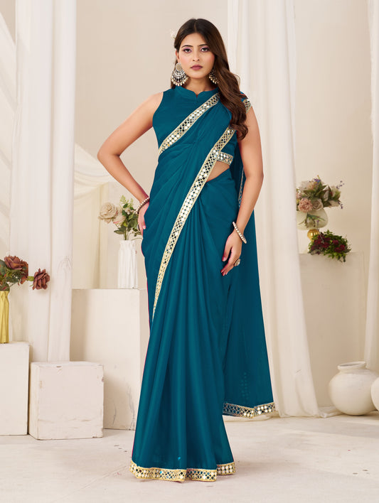 Chiffon Silk Peacock Blue Saree with Gold Mirror Border front view by Chhoga