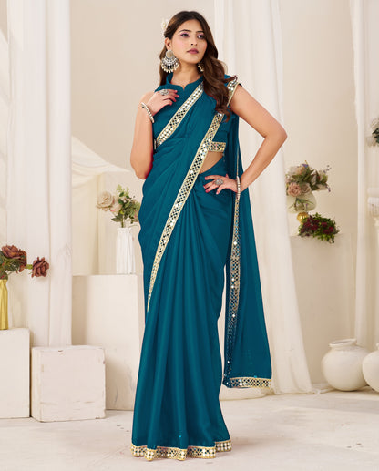Full view of Chiffon Silk Peacock Blue Saree with Gold Mirror Border