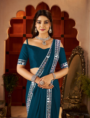 Chiffon Silk Peacock Blue Saree with Mirror Embellished Border