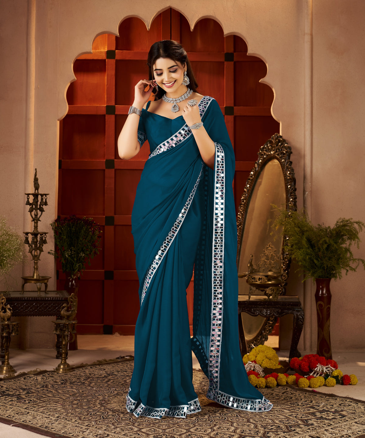 Chiffon Silk Peacock Blue Saree for party wear