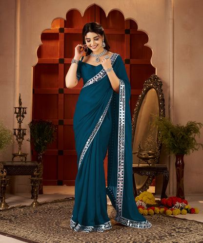 Chiffon Silk Peacock Blue Saree for party wear