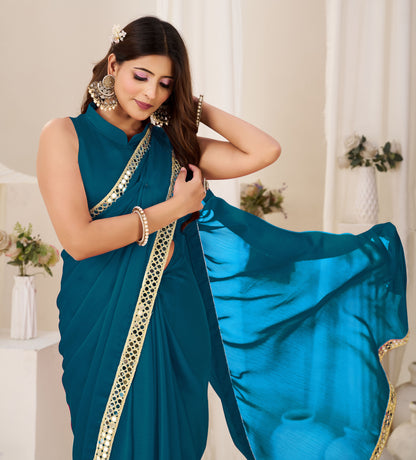 Stylish look in Chiffon Silk Peacock Blue Saree with Gold Mirror Border by Chhoga