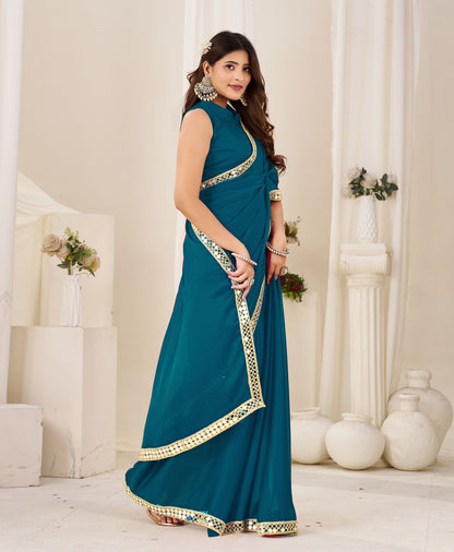 Chiffon Silk Peacock Blue Saree with Gold Mirror Border styled for wedding occasions