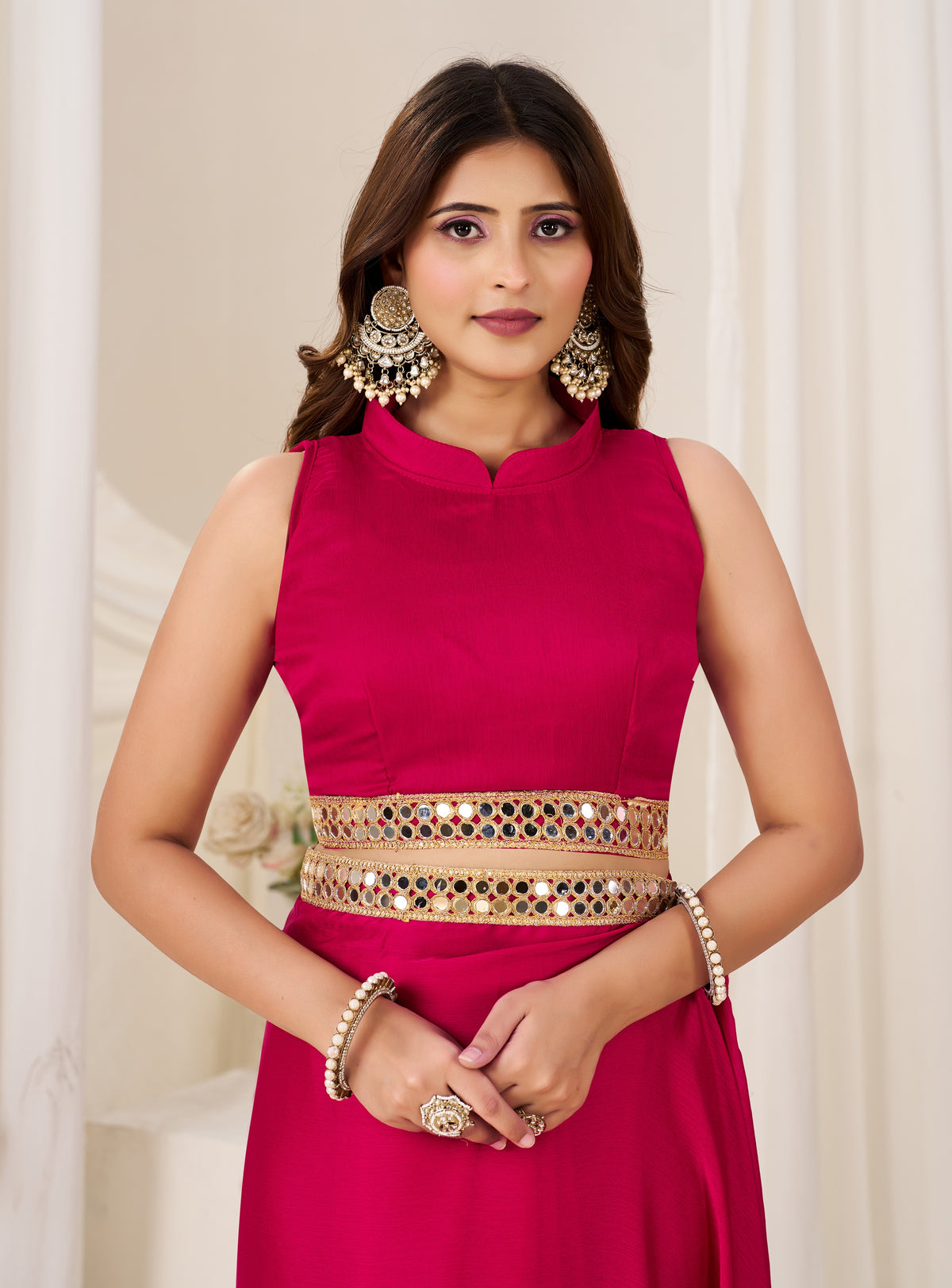 matching blouse front with chiffon silk pink saree