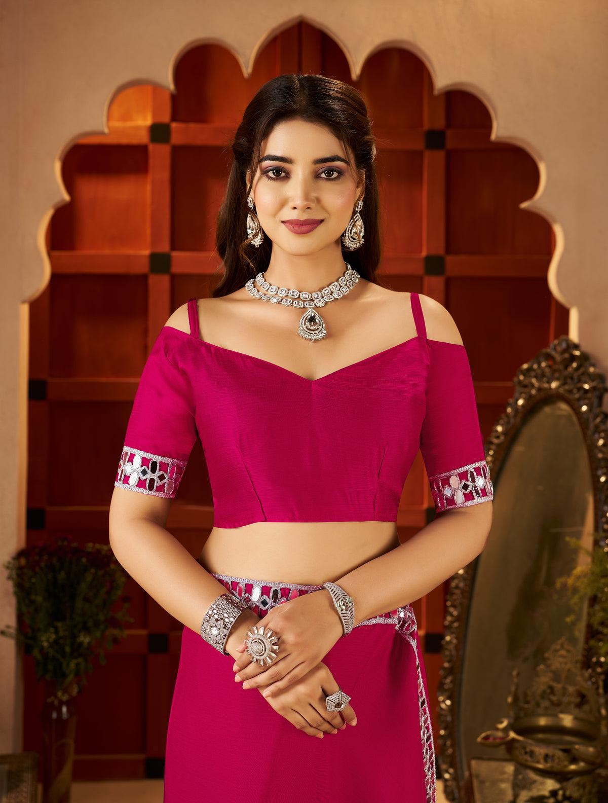 matching blouse front with chiffon silk pink saree