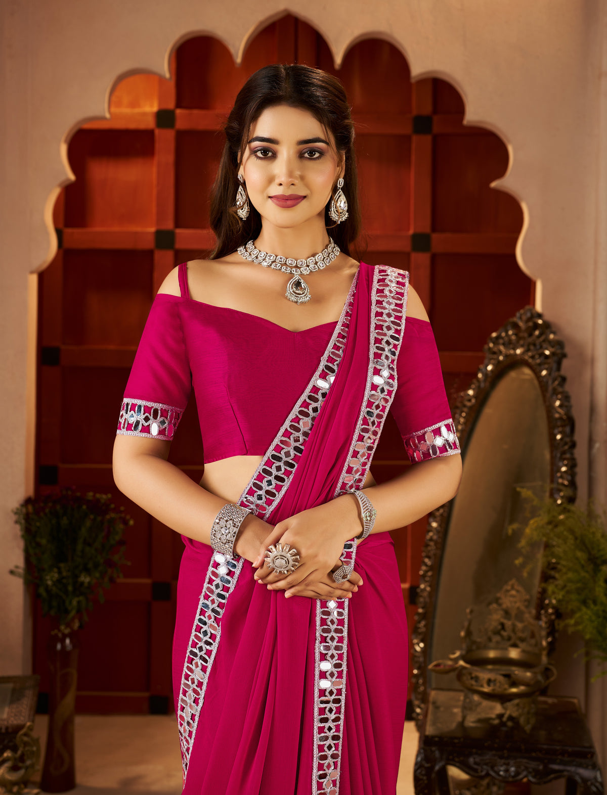 Silver Mirror Embellished Border detail on Chiffon Silk Pink Saree