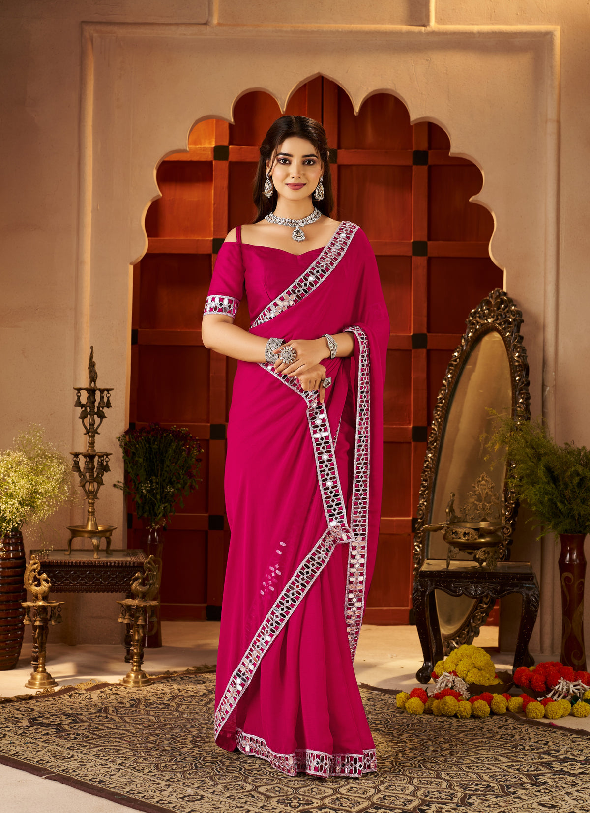 Complete look of Chiffon Silk Pink Saree with Mirror Embellished Border by Chhoga