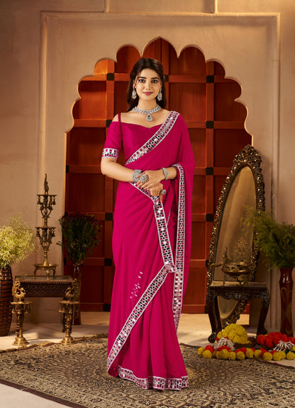 Complete look of Chiffon Silk Pink Saree with Mirror Embellished Border by Chhoga