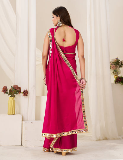 Back view of Chiffon Silk Pink Saree with Gold Mirror Border