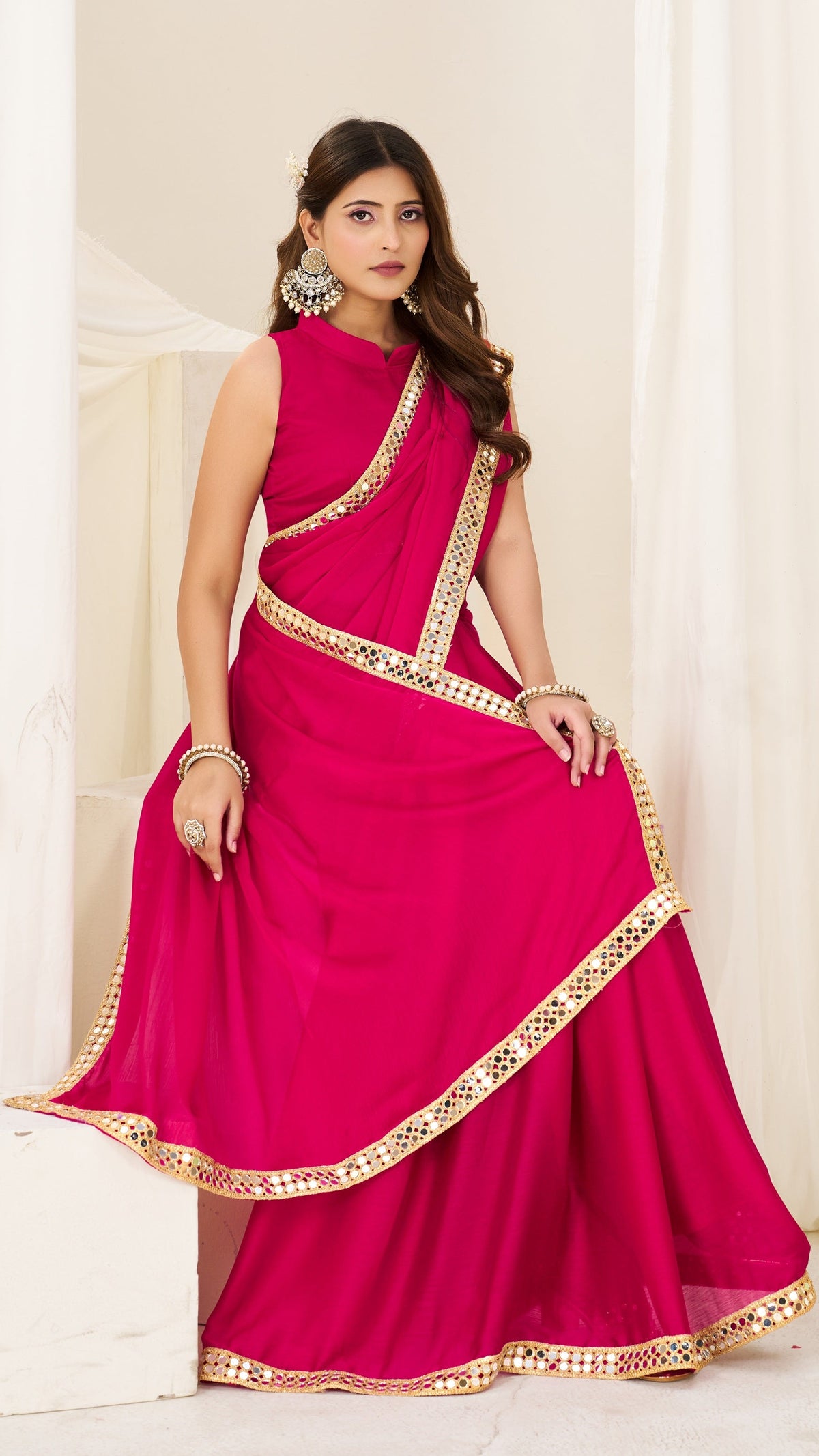 chiffon silk pink saree with gold mirror border front view by chhoga