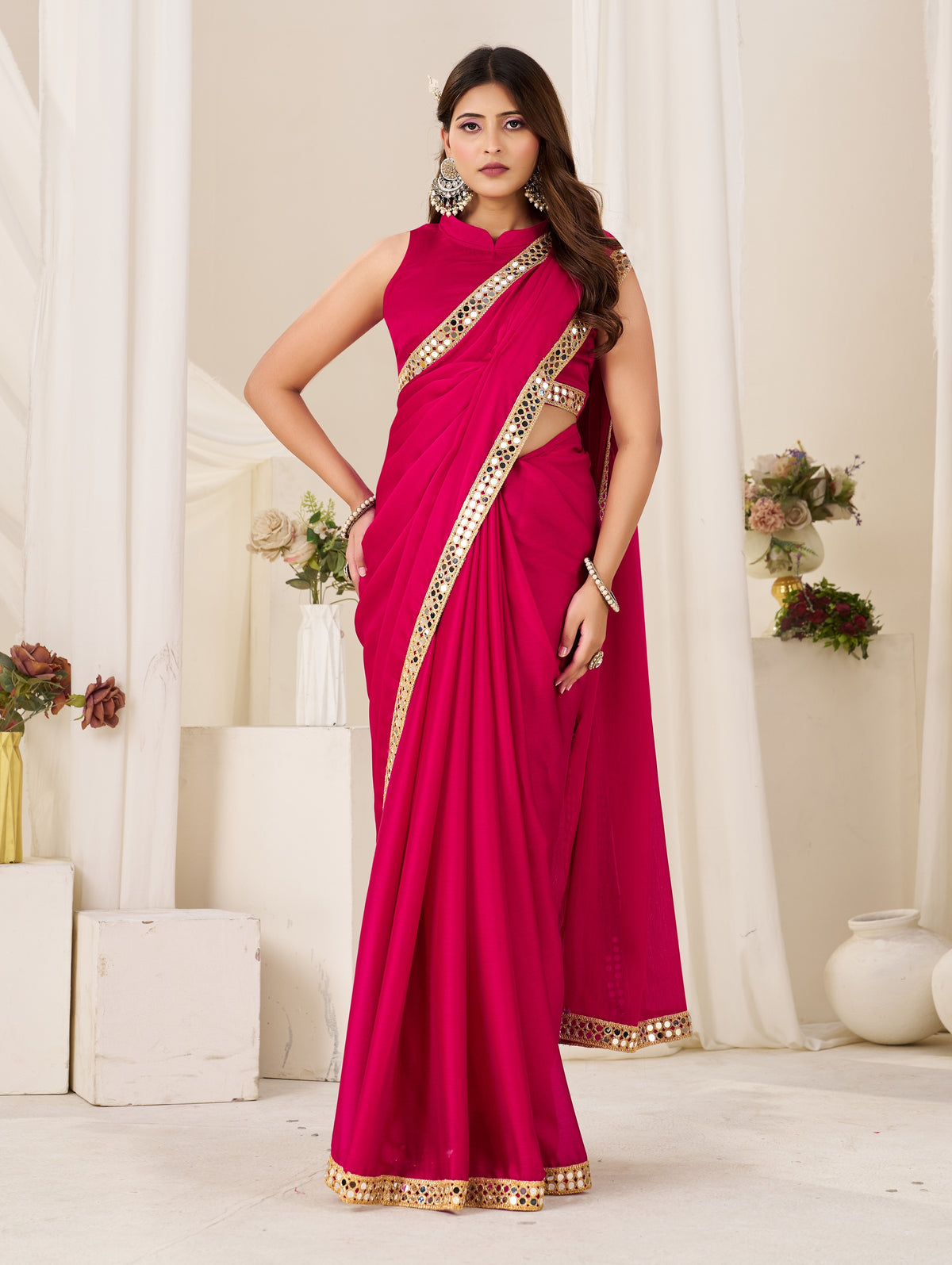 Full view of Chiffon Silk Pink Saree with Gold Mirror Border