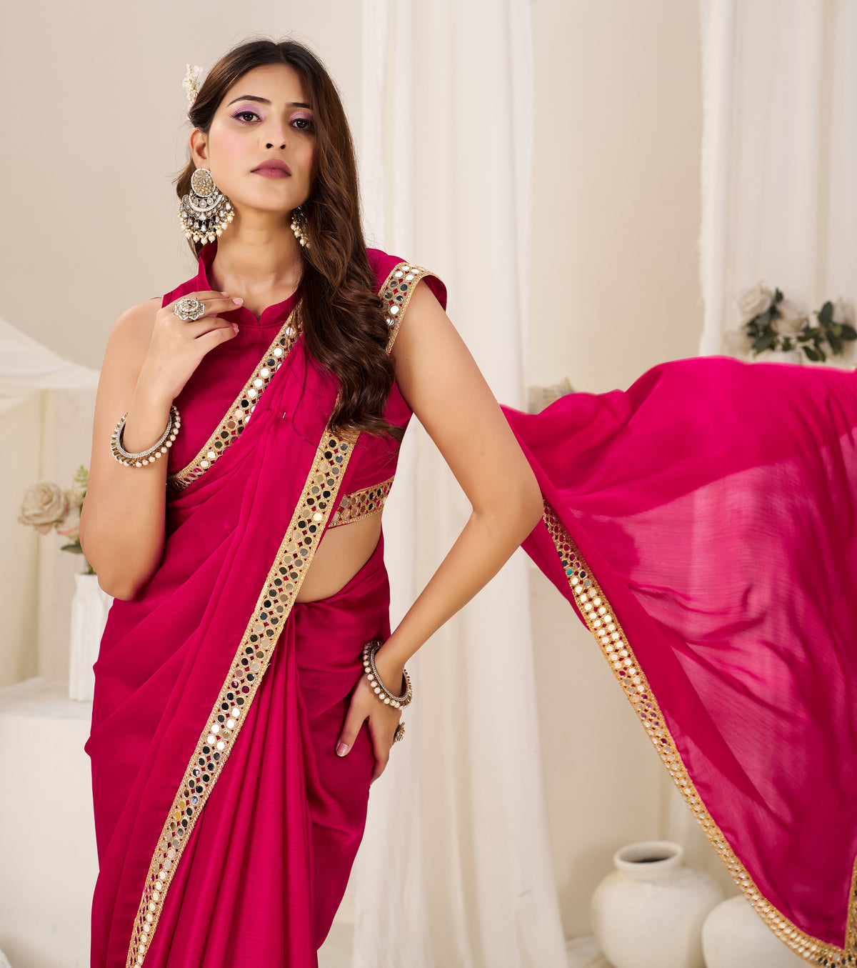 Half view of Chiffon Silk Pink Saree with Gold Mirror Border