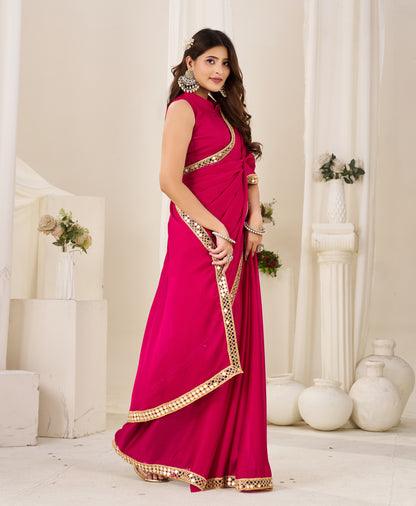 Side view of Chiffon Silk Pink Saree with Gold Mirror Border