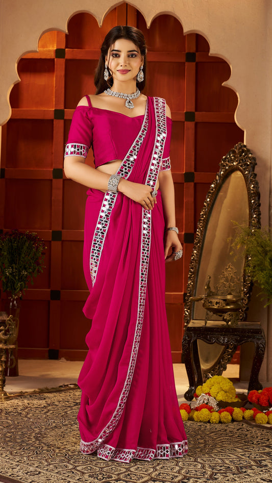 Chiffon Silk Pink Saree with Mirror Embellished Border front view by Chhoga