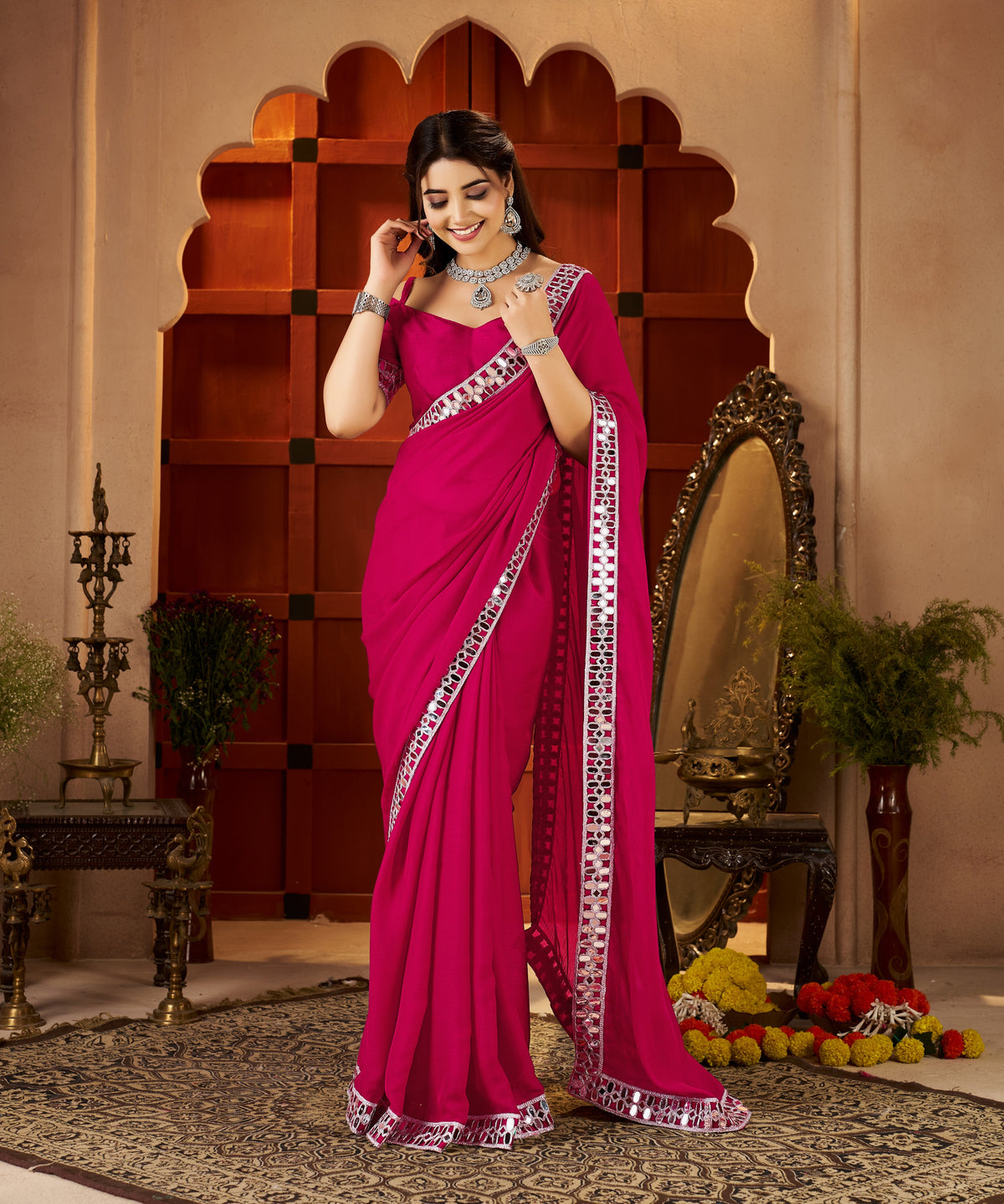 Full view of Chiffon Silk Pink Saree with Mirror Embellished Border