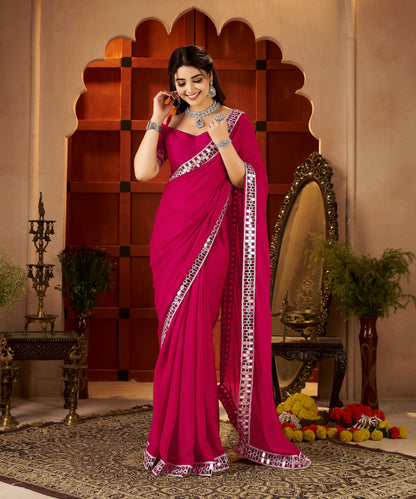 Full view of Chiffon Silk Pink Saree with Mirror Embellished Border