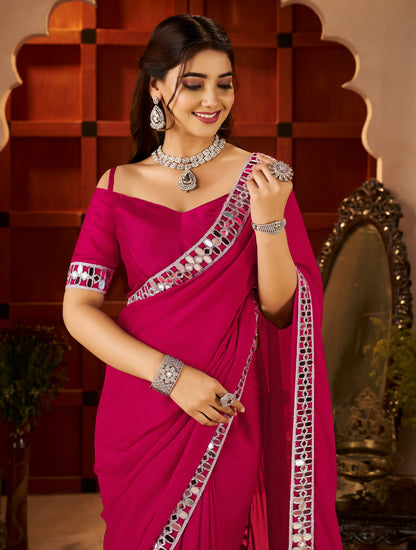 Close-up of silver mirror work on Chiffon Silk Pink Saree