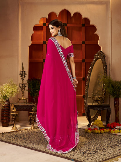 Pallu detail of Chiffon Silk Pink Saree with Silver Mirror Embellished Border