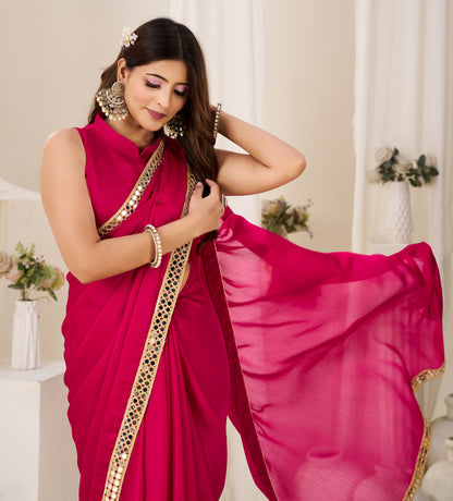 Pleats view of Chiffon Silk Pink Saree with Gold Mirror Border