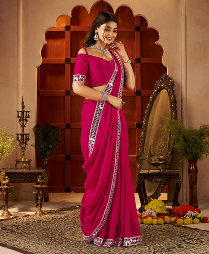 Pleats view of Chiffon Silk Pink Saree with Mirror Embellished Border