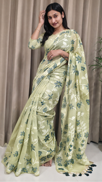 Pastel Green Cotton Jamdani Saree with Tassels