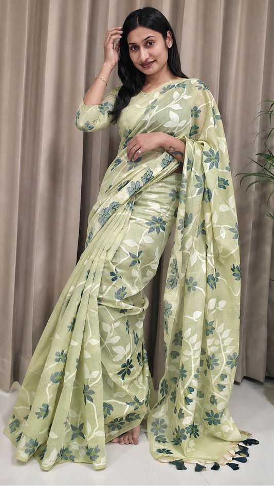 Pastel Green Cotton Jamdani Saree with Tassels