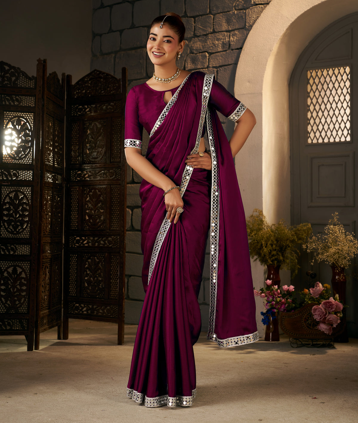 Complete look of Dusty Purple Ethnic Saree with Silver Mirror Work by Chhoga