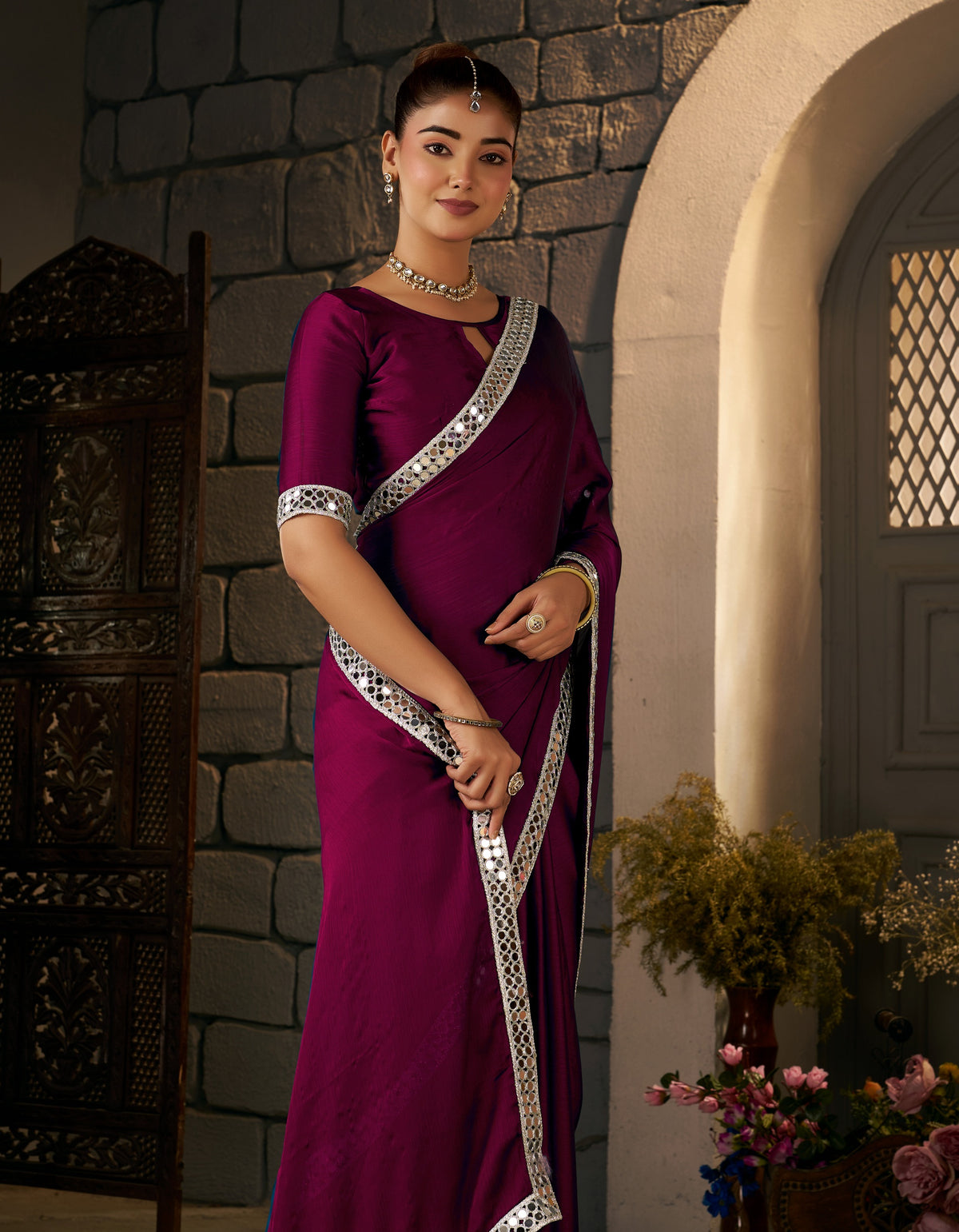 deep magenta ethnic saree with silver mirror work for festive celebrations