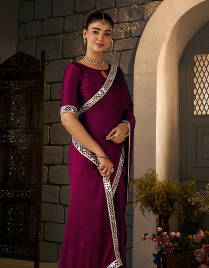Deep Magenta Ethnic Saree with Silver Mirror Work for festive celebrations