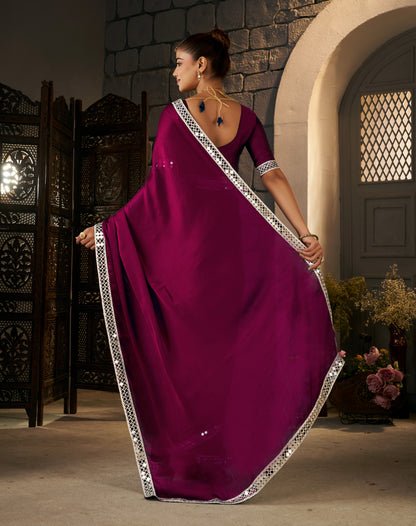 Pallu detail of Deep Magenta Ethnic Saree with Silver Mirror Work