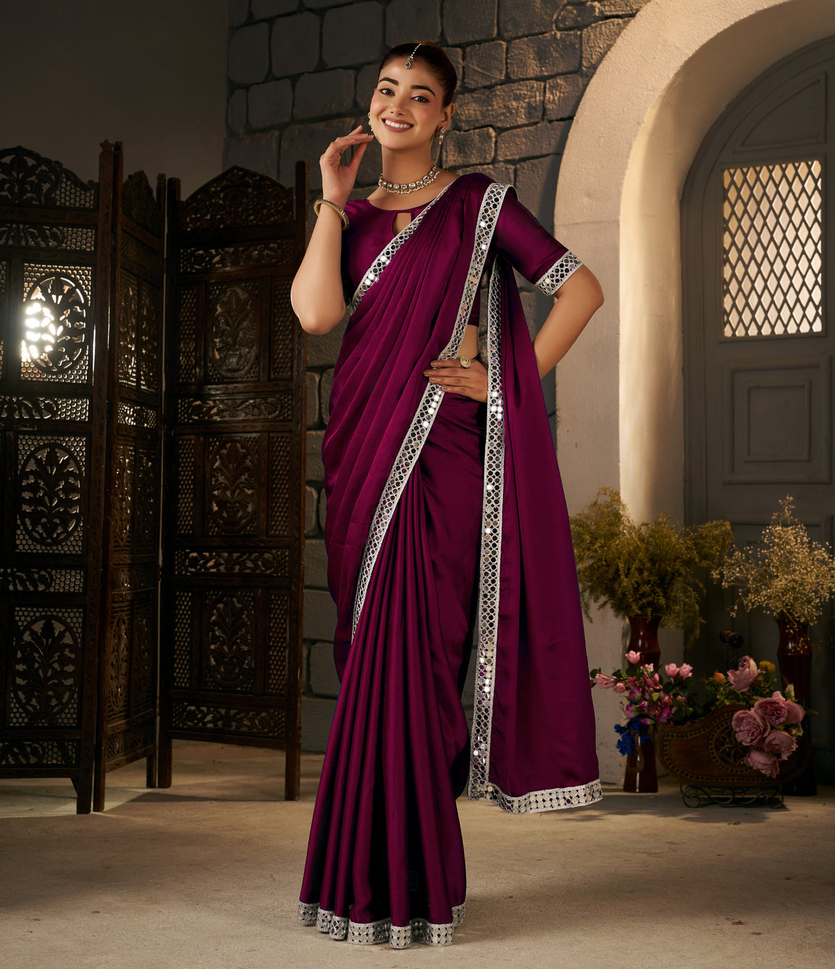 deep magenta ethnic saree with silver mirror work front view by chhoga