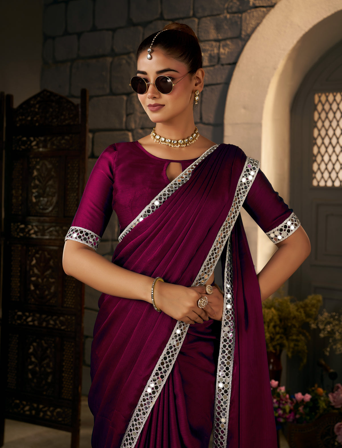 Stylish look in Deep Magenta Ethnic Saree with Silver Mirror Work by Chhoga