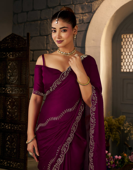 Front view of Deep Magenta Gold Stonework Designer Saree with elegant silver embellishments by Chhoga.