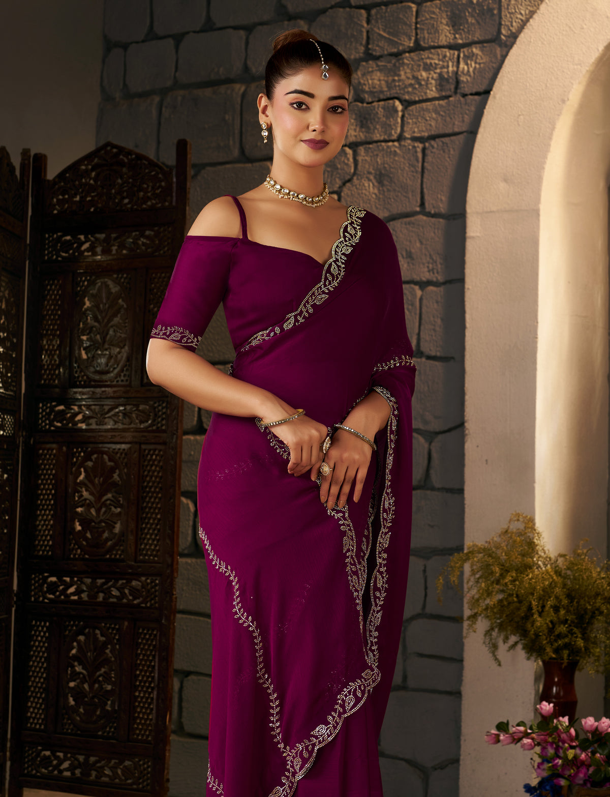 Festive styling of the Deep Magenta Silver Stonework Designer Saree by Chhoga.