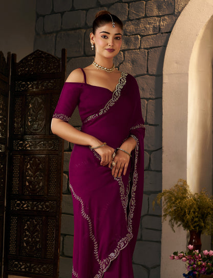 Festive styling of the Deep Magenta Silver Stonework Designer Saree by Chhoga.