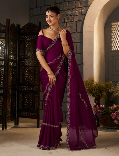 Full-length view of a woman wearing the Deep Magenta Silver Stonework Designer Saree with matching blouse piece.