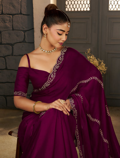 Premium look of the Deep Magenta Silver Stonework Designer Saree with sparkling silver embellishments.