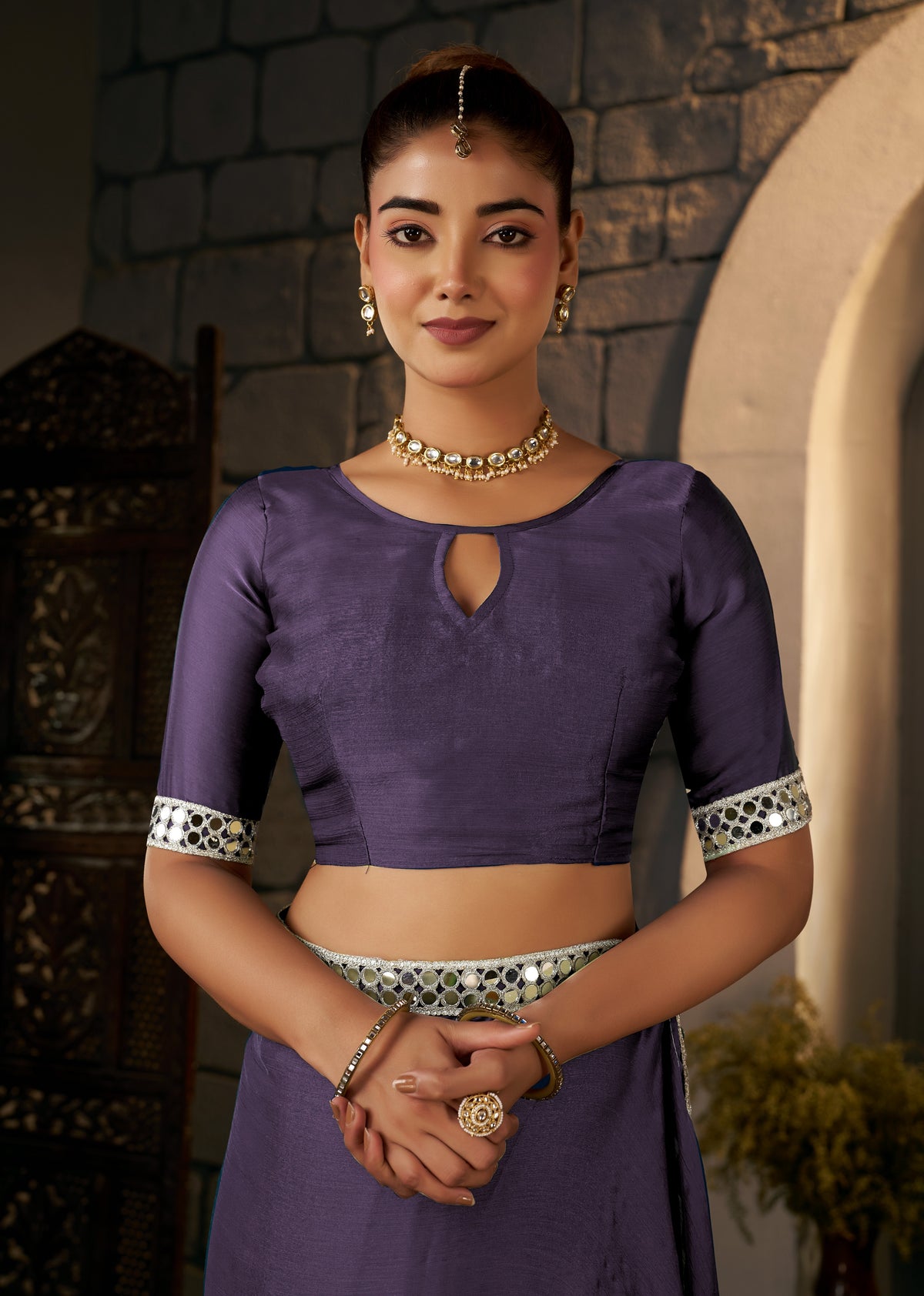 Matching blouse front with Dusty Purple Ethnic Saree