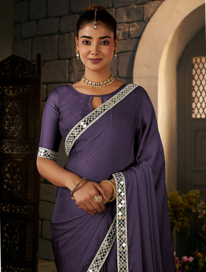Dusty Purple Ethnic Saree with Silver Mirror Work for festive celebrations