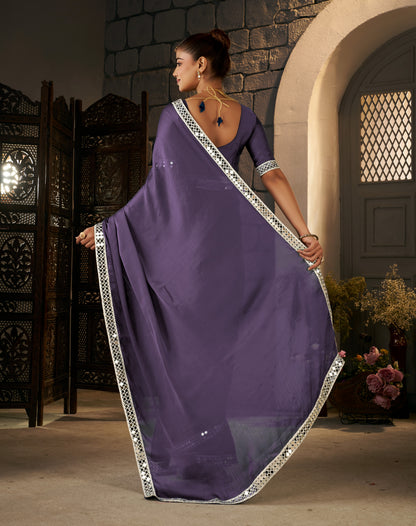 Pallu detail of Dusty Purple Ethnic Saree with Silver Mirror Work