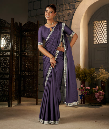 Pleats view of Dusty Purple Ethnic Saree with Silver Mirror Work